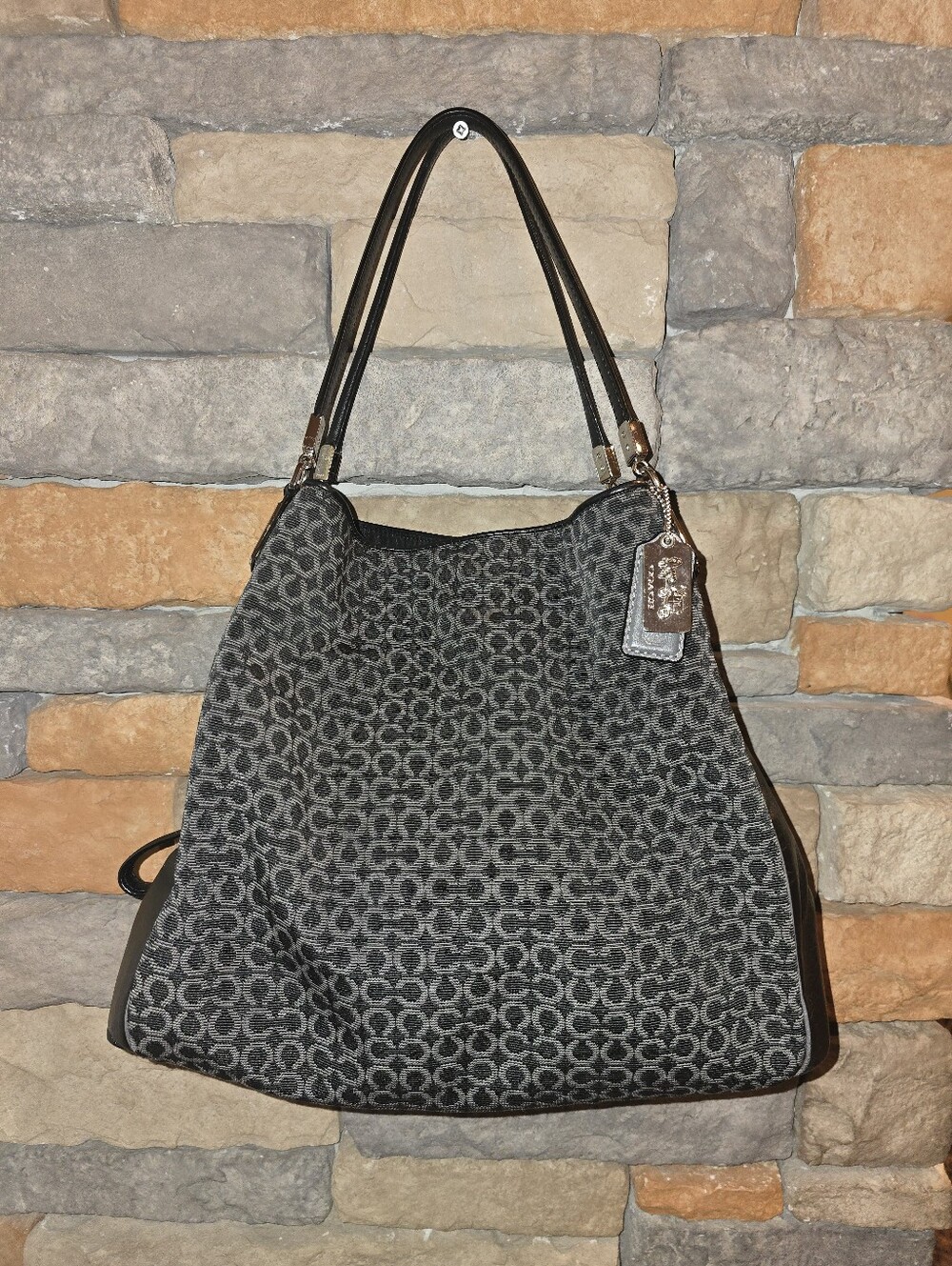 COACH 26281 Madison Op Art Phoebe Needlepoint Shoulder Bag Black Grey Teal Int *